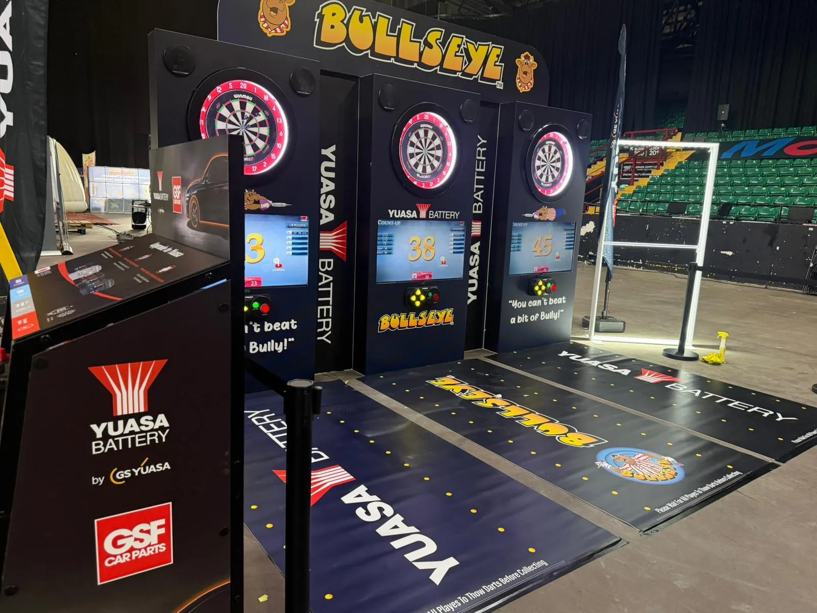 Branded darts stand at a trade show